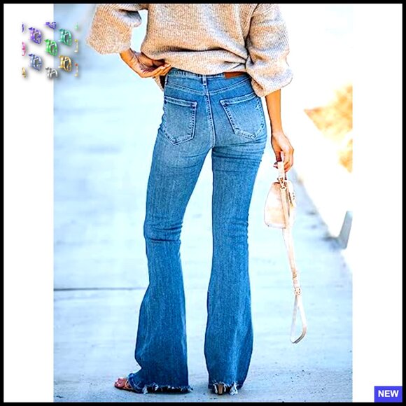 Flare Bell Bottom Jeans High Waisted Wide Leg Bootcut Stretchy Distressed Denim - Picture 3 of 6